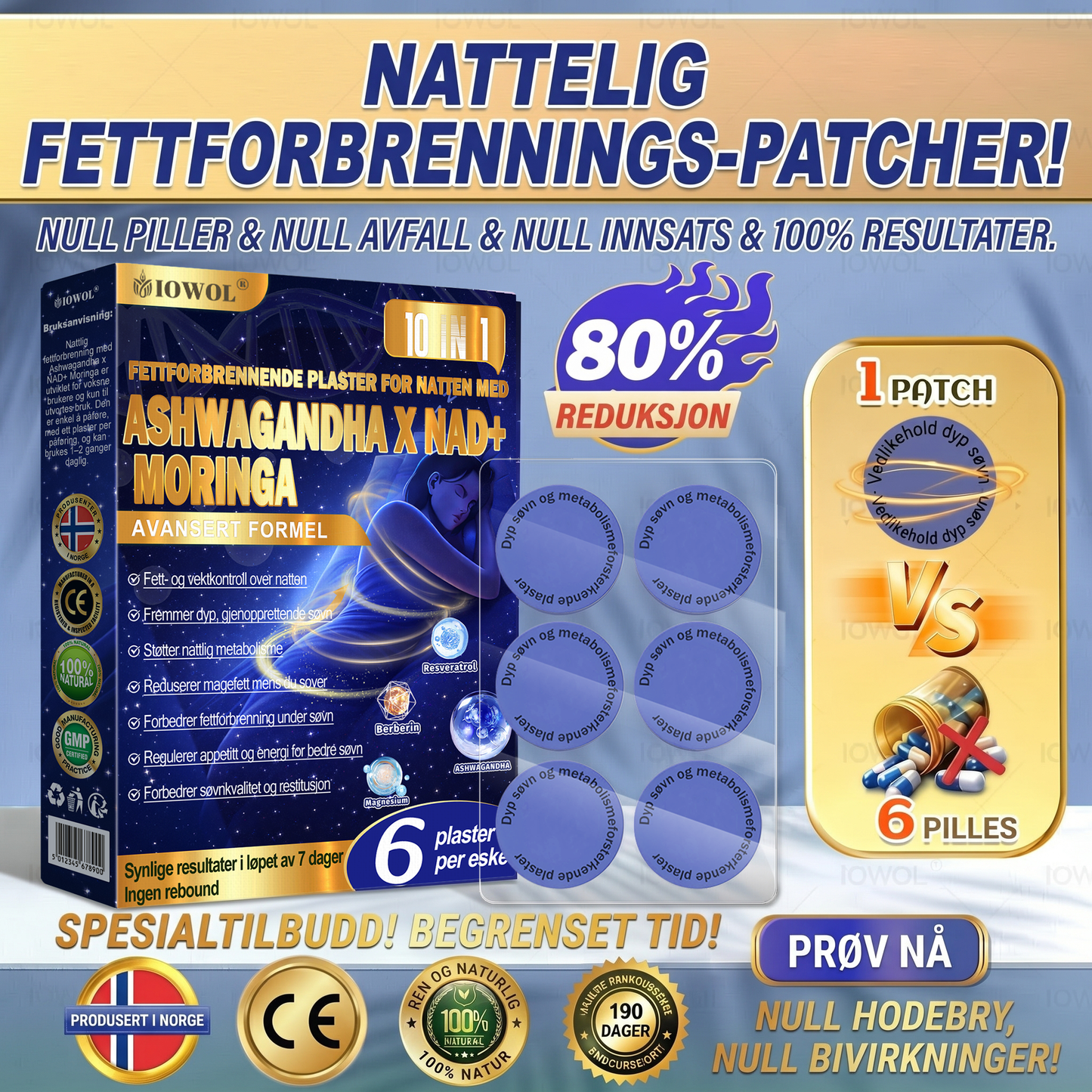 🔥 Vil du ha raskere resultater? Legg til dette tilbudet med 80 % rabatt for å gi framgangen din et ekstra boost. IOWOL® nattplaster for fettforbrenning! Ingen piller, null styr og null stress.