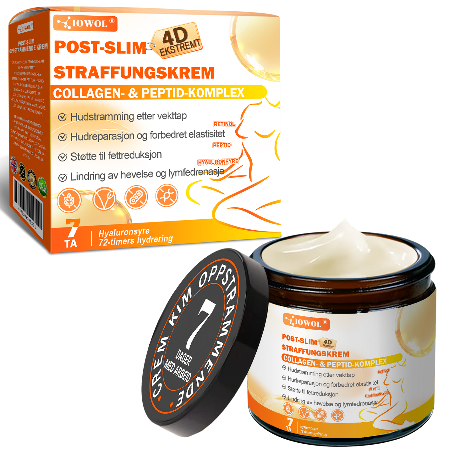 Offisiell butikk | IOWOL® oppstrammende krem etter vektnedgang med GHK-Cu, Argireline & Matrixyl 3000, kollagenpeptider og oppstrammende aktive ingredienser, utviklet for å målrette slapp og hengende hud etter vekttap.