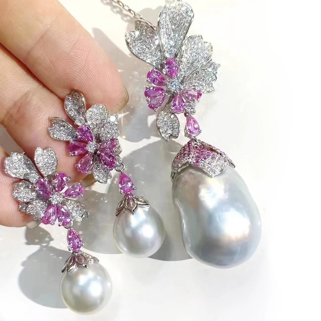 MeiBaPJ Natural Baroque Pearls Fashion Pink Zircons Jewelry Set 925 Silver Pendant Earrings Fine Wedding Jewelry for Women