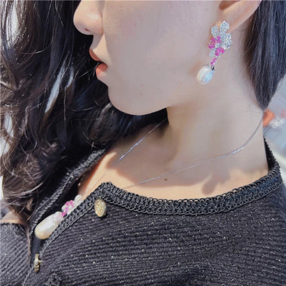 MeiBaPJ Natural Baroque Pearls Fashion Pink Zircons Jewelry Set 925 Silver Pendant Earrings Fine Wedding Jewelry for Women