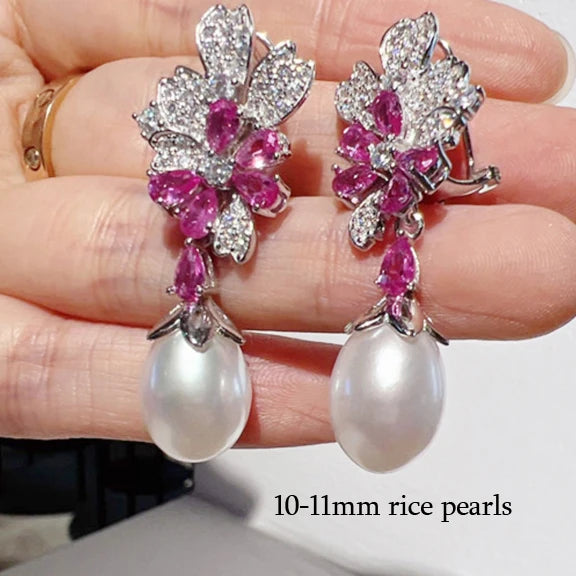 MeiBaPJ Natural Baroque Pearls Fashion Pink Zircons Jewelry Set 925 Silver Pendant Earrings Fine Wedding Jewelry for Women