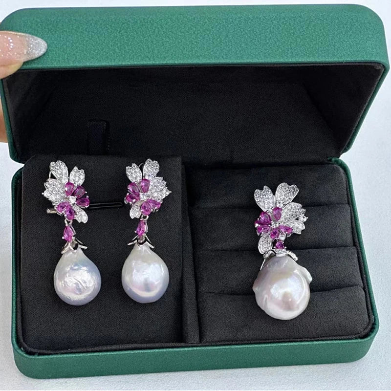 MeiBaPJ Natural Baroque Pearls Fashion Pink Zircons Jewelry Set 925 Silver Pendant Earrings Fine Wedding Jewelry for Women